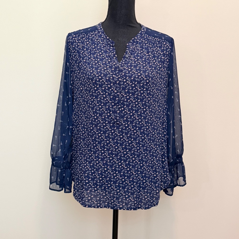Lucky Brand Womens Navy Blue Ditsy Floral Ruffle Cuff Blouse Womens M Sheer‎ Top